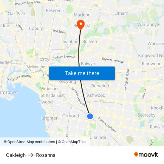 Oakleigh to Rosanna map