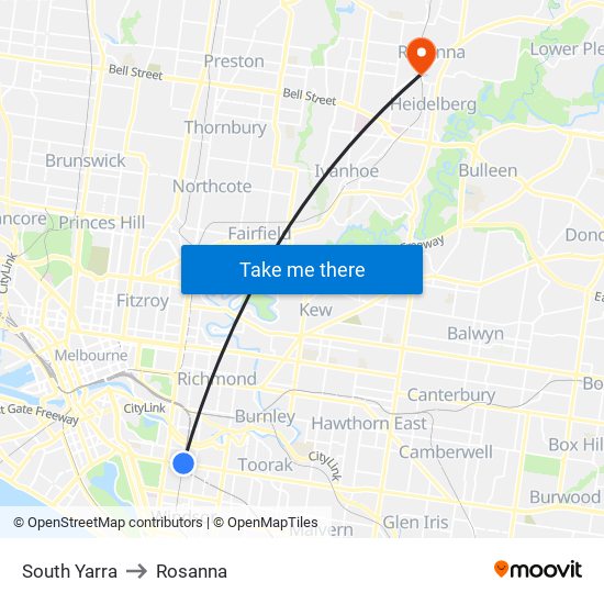 South Yarra to Rosanna map