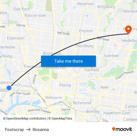 Footscray to Rosanna map