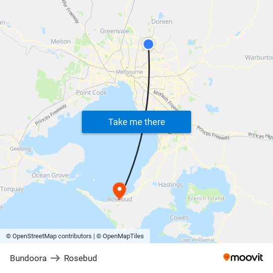 Bundoora to Rosebud map