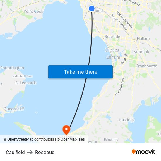 Caulfield to Rosebud map