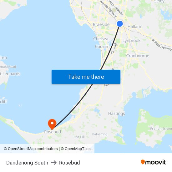 Dandenong South to Rosebud map