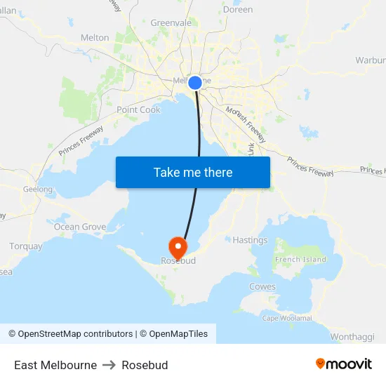 East Melbourne to Rosebud map