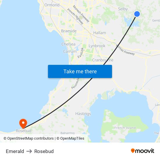 Emerald to Rosebud map