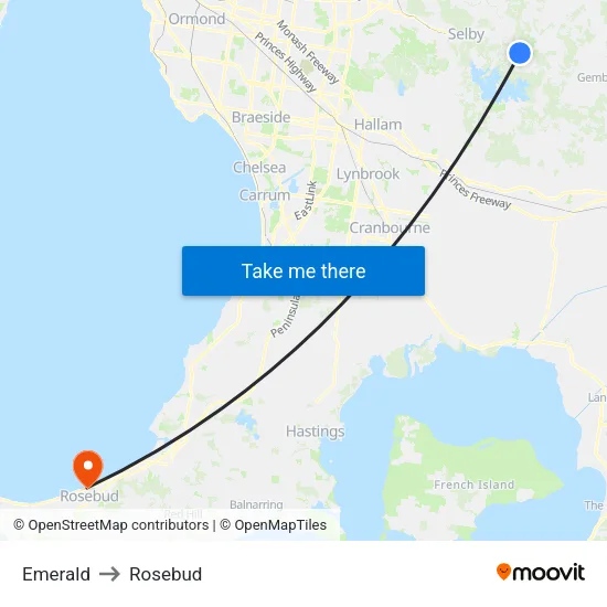 Emerald to Rosebud map
