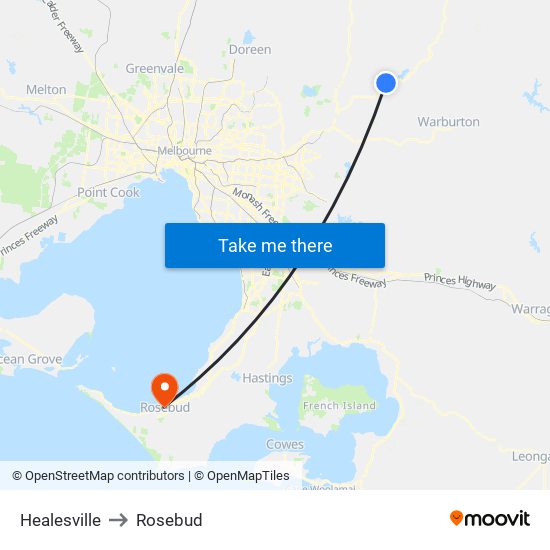 Healesville to Rosebud map