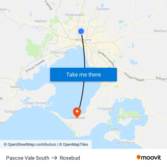 Pascoe Vale South to Rosebud map