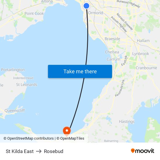 St Kilda East to Rosebud map