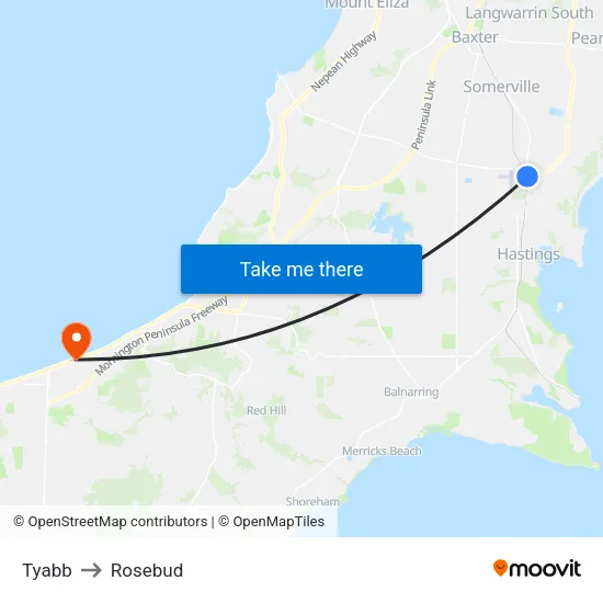Tyabb to Rosebud map