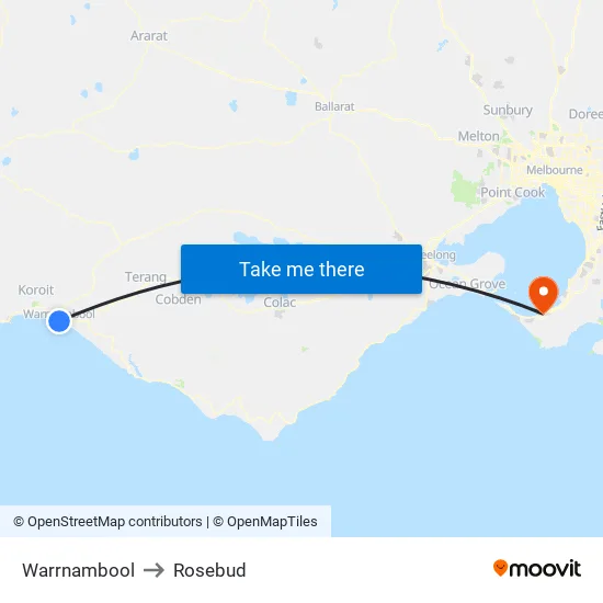 Warrnambool to Rosebud map