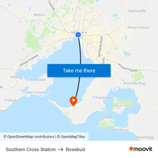 Southern Cross Station to Rosebud map