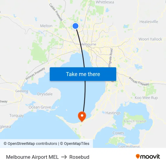 Melbourne Airport MEL to Rosebud map