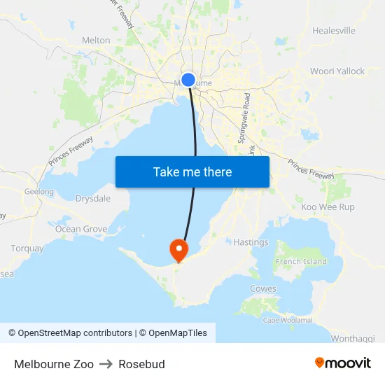 Melbourne Zoo to Rosebud map