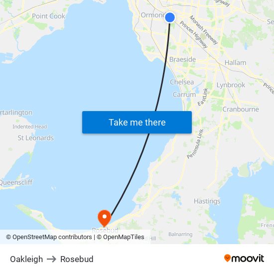 Oakleigh to Rosebud map