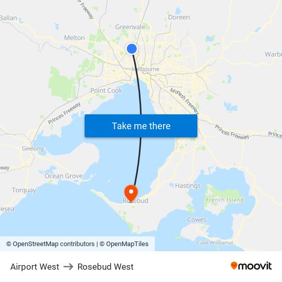 Airport West to Rosebud West map