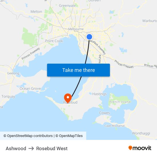 Ashwood to Rosebud West map