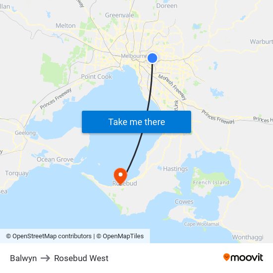 Balwyn to Rosebud West map