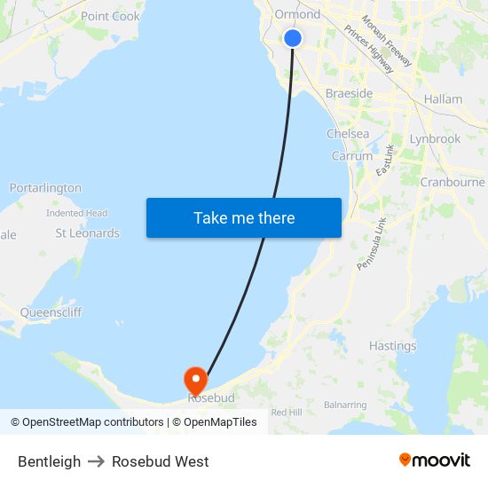 Bentleigh to Rosebud West map
