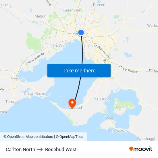 Carlton North to Rosebud West map