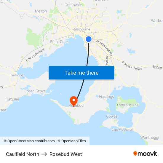 Caulfield North to Rosebud West map