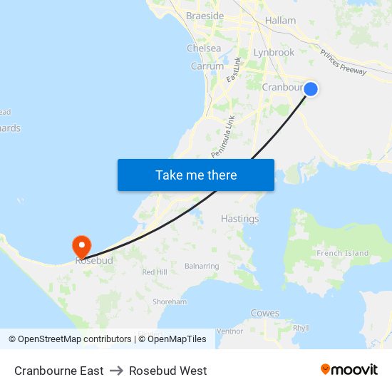 Cranbourne East to Rosebud West map