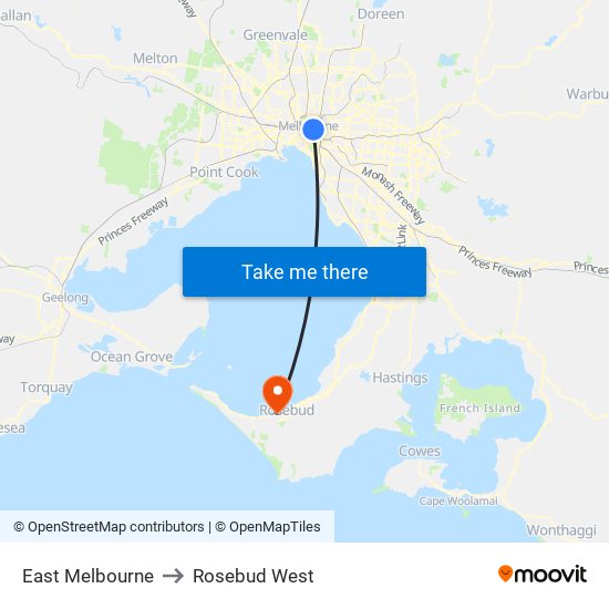 East Melbourne to Rosebud West map