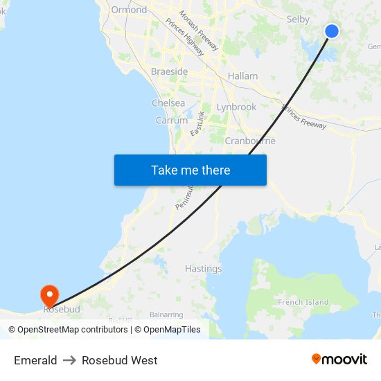 Emerald to Rosebud West map