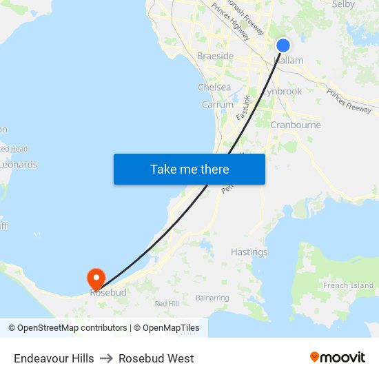 Endeavour Hills to Rosebud West map