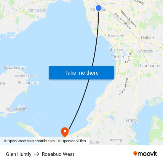 Glen Huntly to Rosebud West map