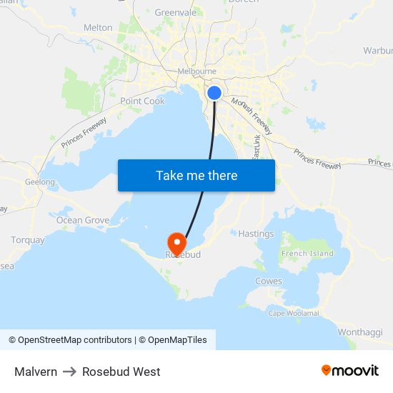 Malvern to Rosebud West map