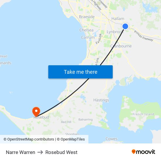 Narre Warren to Rosebud West map
