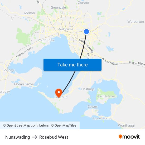 Nunawading to Rosebud West map