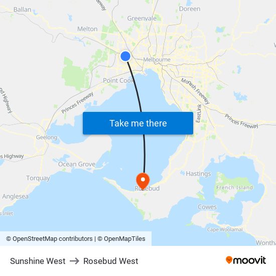 Sunshine West to Rosebud West map