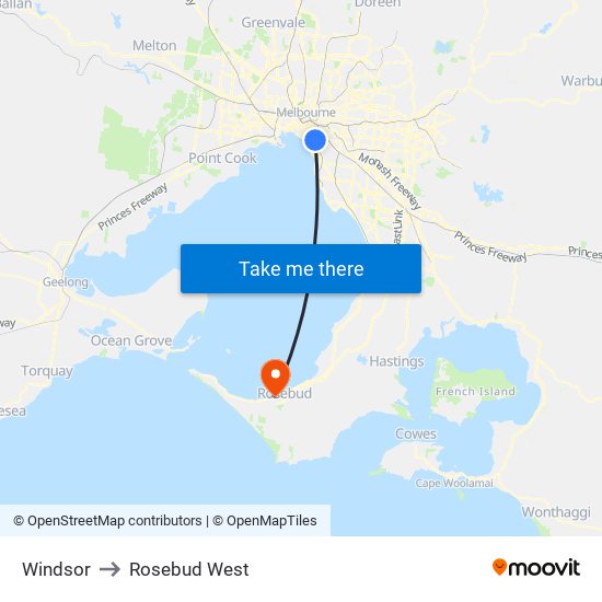 Windsor to Rosebud West map