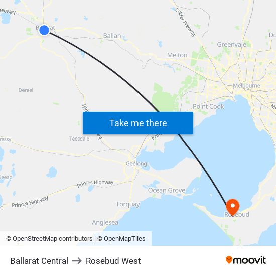 Ballarat Central to Rosebud West map