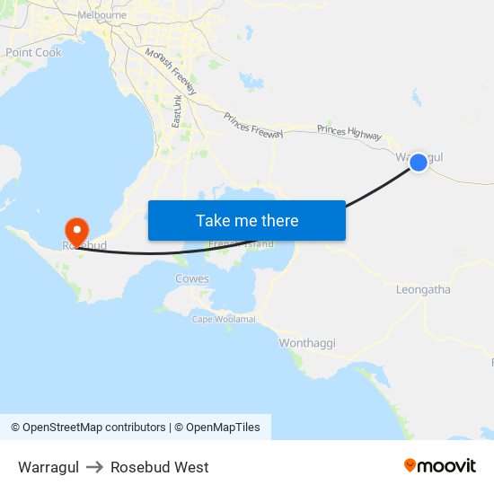 Warragul to Rosebud West map