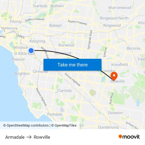 Armadale to Rowville map