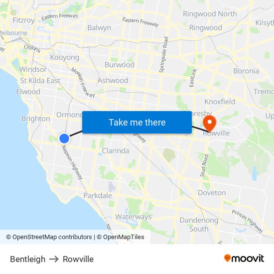 Bentleigh to Rowville map