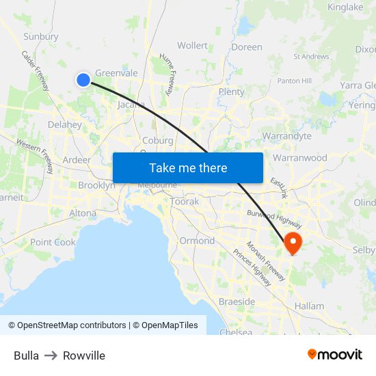 Bulla to Rowville map