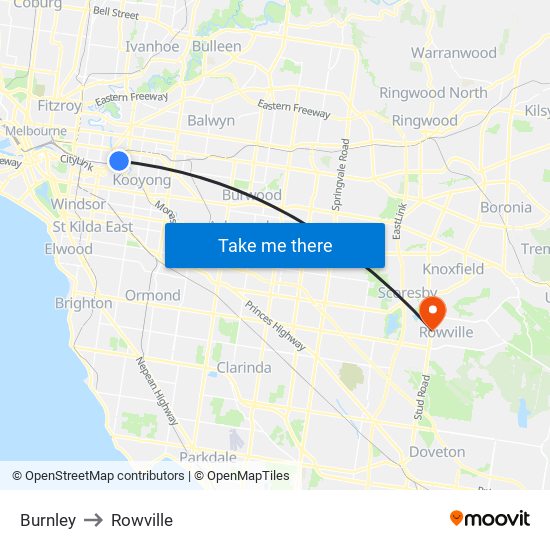 Burnley to Rowville map