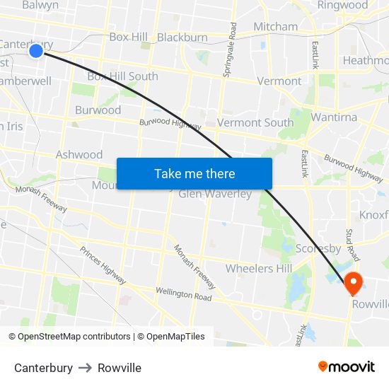 Canterbury to Rowville map