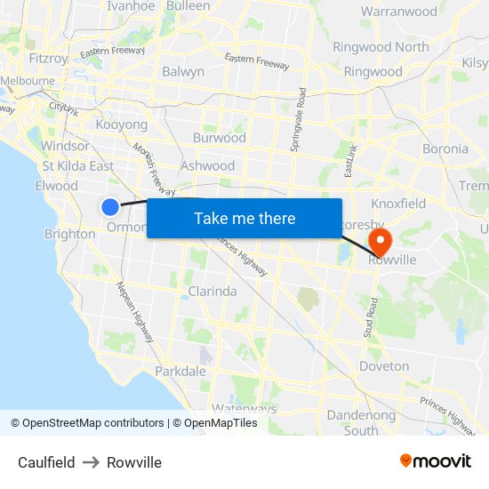 Caulfield to Rowville map