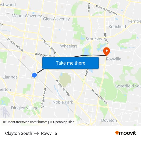 Clayton South to Rowville map