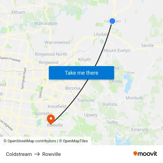 Coldstream to Rowville map