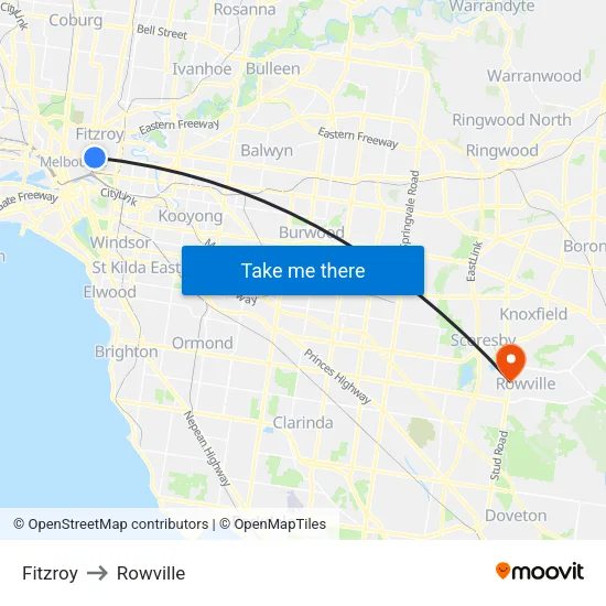 Fitzroy to Rowville map