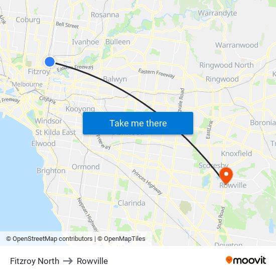 Fitzroy North to Rowville map