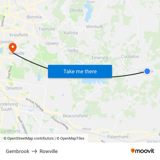 Gembrook to Rowville map