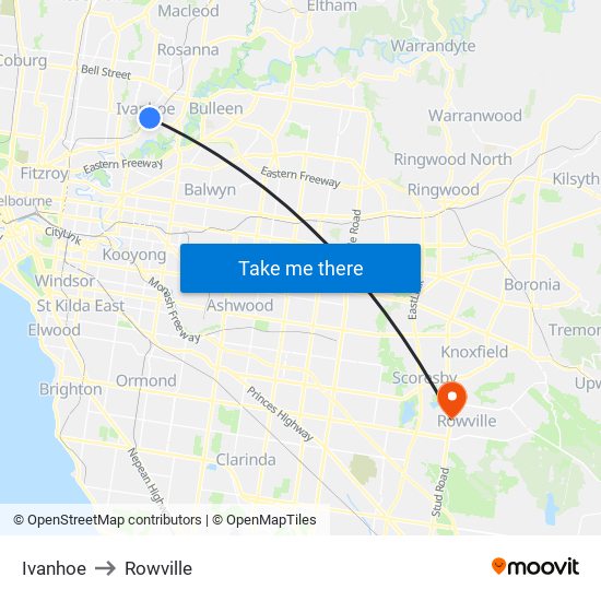 Ivanhoe to Rowville map