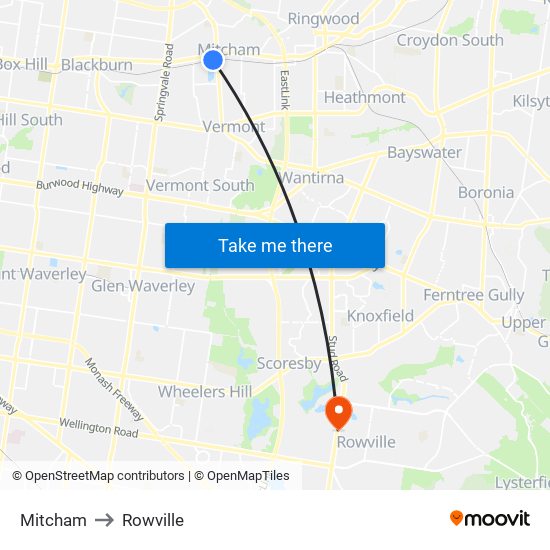 Mitcham to Rowville map