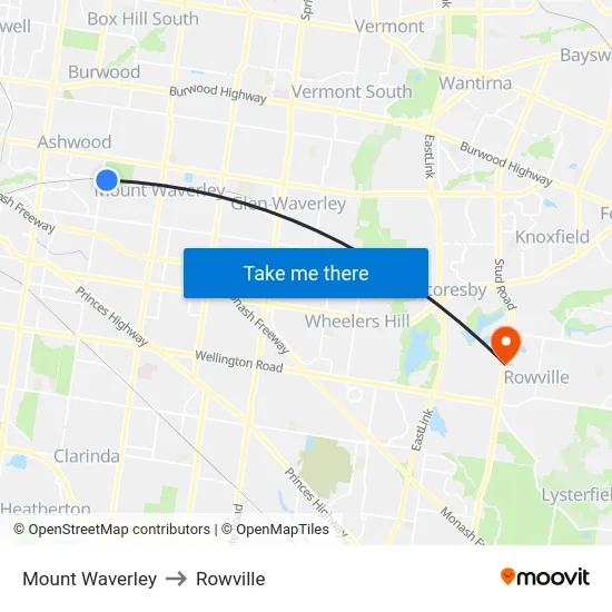 Mount Waverley to Rowville map